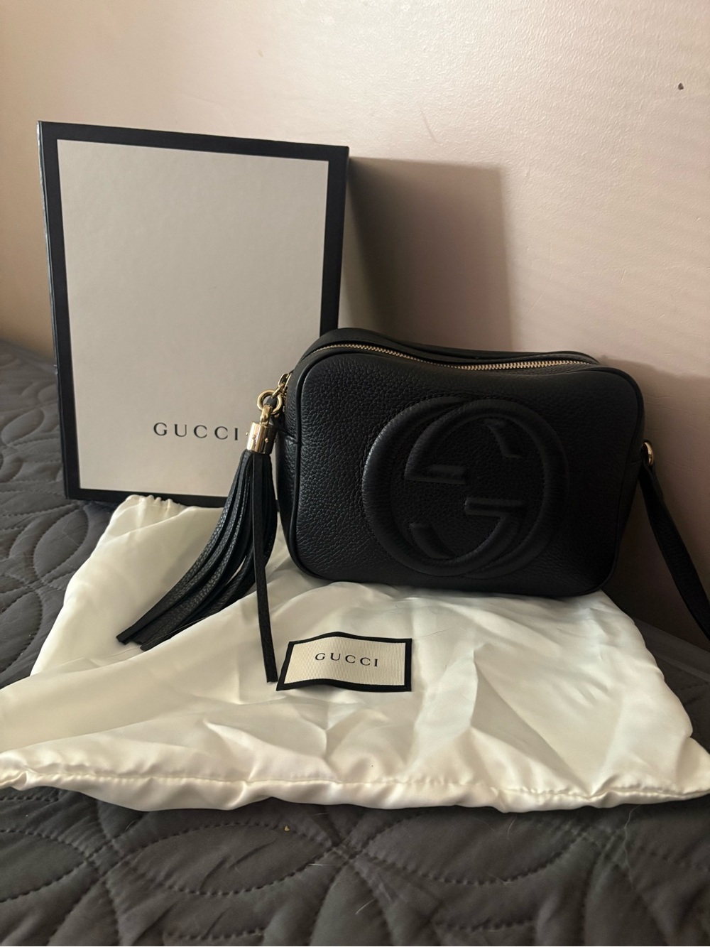 Gucci Black Leather Crossbody Camera Bag with Tassel